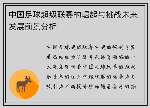 中国足球超级联赛的崛起与挑战未来发展前景分析