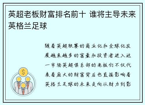 英超老板财富排名前十 谁将主导未来英格兰足球